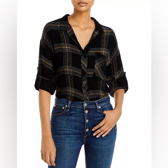 Bella Dahl Relaxed Plaid Stretch-Twill Roll Tab Shirt sz Large - Picture 5 of 7